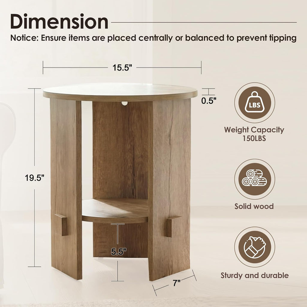 Round End Table with 2-Tier Storage, 15.5” Small Side Table for Living Room, Modern Nightstand with Open Shelf, Compact Accent Table for Bedroom, Sofa Side, Small Spaces (Natural)