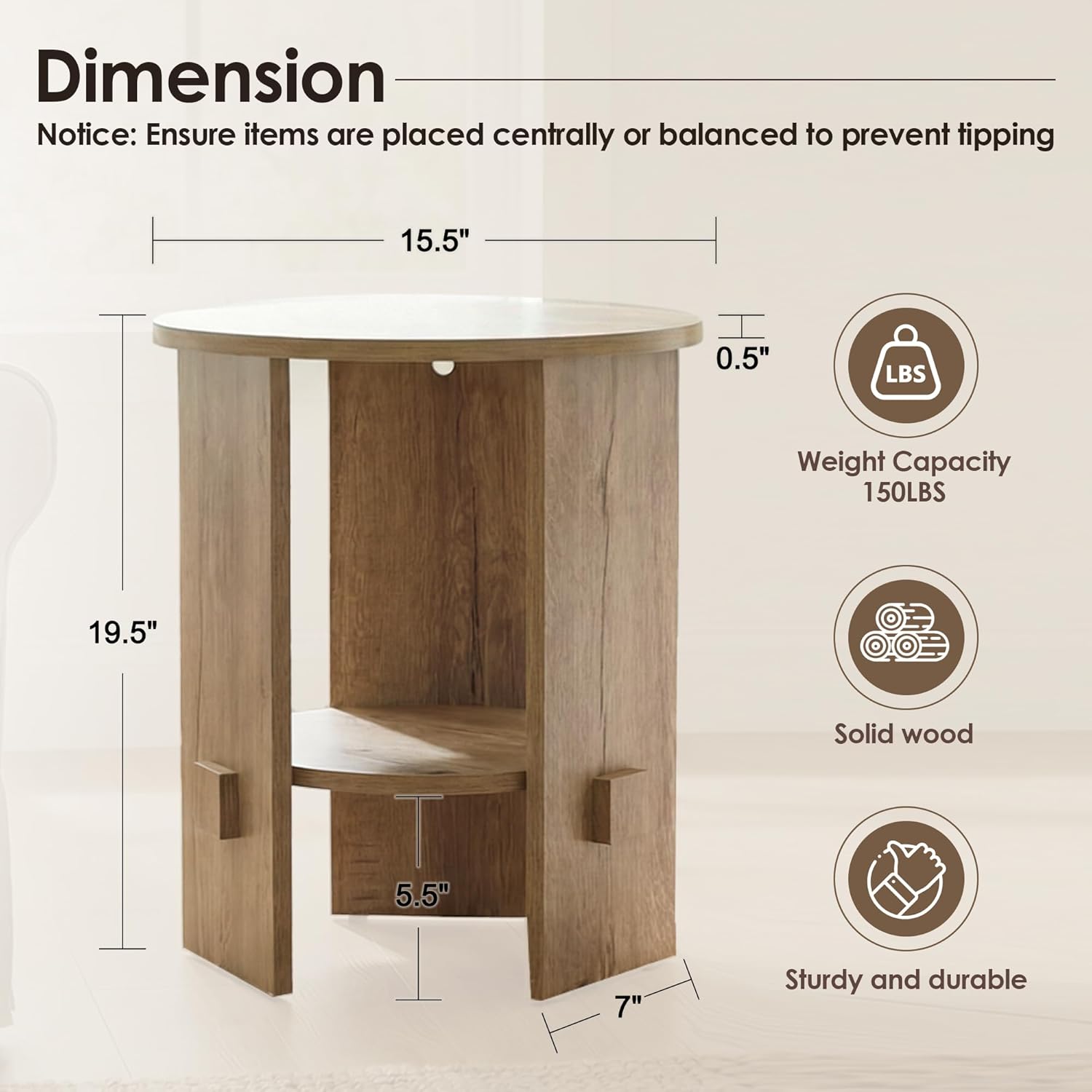 Round End Table with 2-Tier Storage, 15.5” Small Side Table for Living Room, Modern Nightstand with Open Shelf, Compact Accent Table for Bedroom, Sofa Side, Small Spaces (Natural)