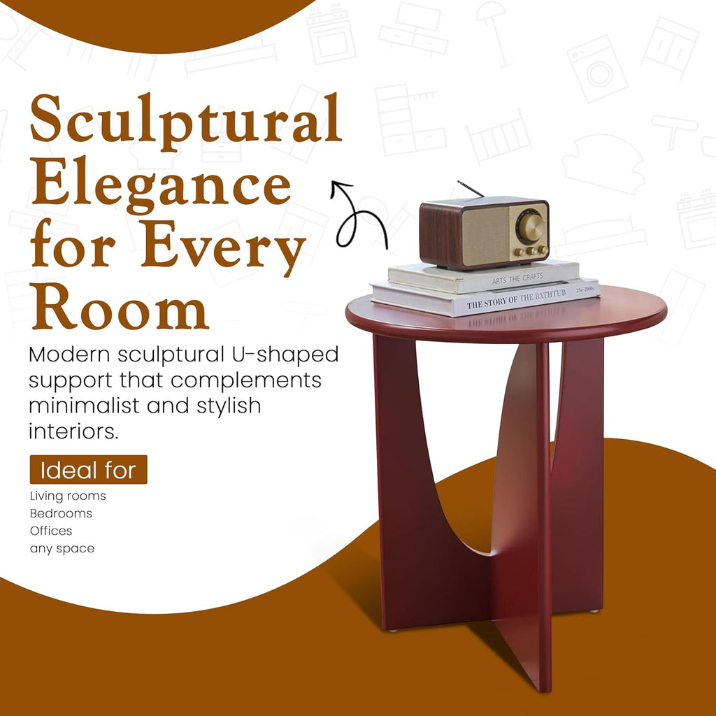 KB Designs - Side End Table Modern Round Wood Accent Table with Sculptural U Shaped Base Compact Furniture for Living Room Bedroom Office Side Table for Small Spaces Home Decor Accent (Red)