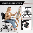 Drafting Chair with Back Support, Tall/High Desk Rolling Stool with Footrest Ring, Faux Leather Office Chair with Height Adjustable for Standing Desk, Home Office, Bar, Workbench & Kitchen(Black)