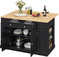 LOKO 48" Stationary Kitchen Island with Drop Leaf, Rubber Wood Top Butcher Block Island Table with 2 Drawers, Cabinet & Adjustable Shelf, Multipurpose Kitchen Cart for Dining Room, Living Room & Bar