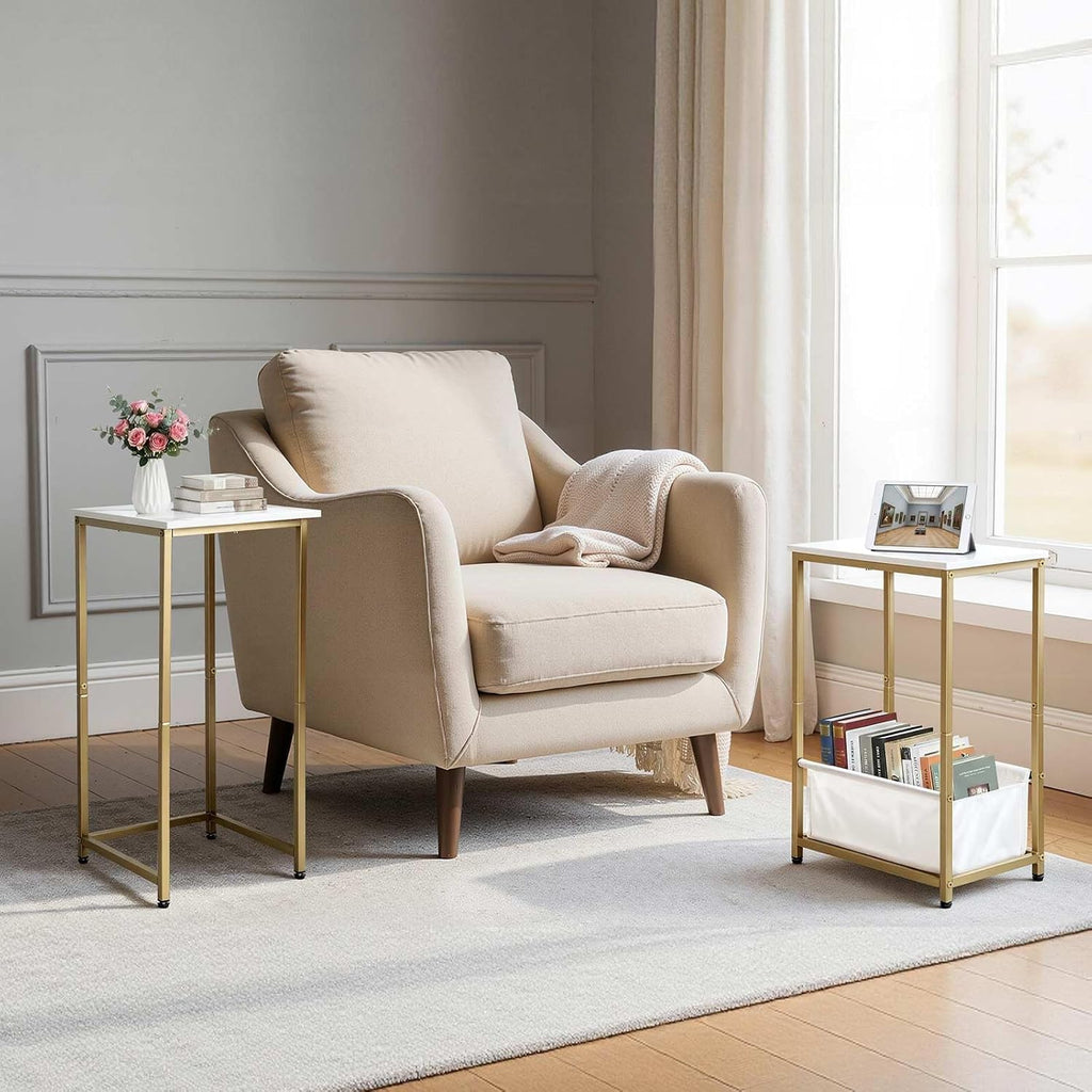 Nesting End Tables Set of 2, Stacking Side Table with Fabric Storage Basket, Small Nightstand for Small Space, Living Room, Bedroom, White Marble & Gold