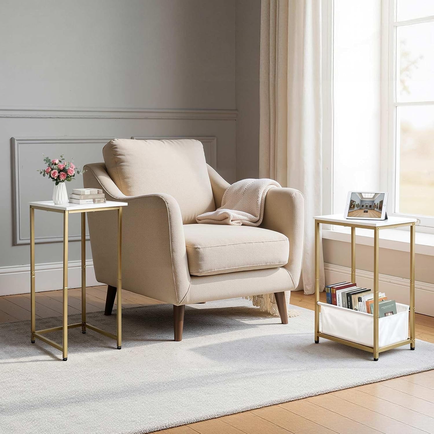 Nesting End Tables Set of 2, Stacking Side Table with Fabric Storage Basket, Small Nightstand for Small Space, Living Room, Bedroom, White Marble & Gold