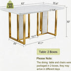 63" Dining Table,White Gloss Kitchen Table,1.8" Thick MDF Board Table Top Coated by Faux Marble Pattern with Chrome Plate Gold Base,Modern Dining Table for 6-8 People
