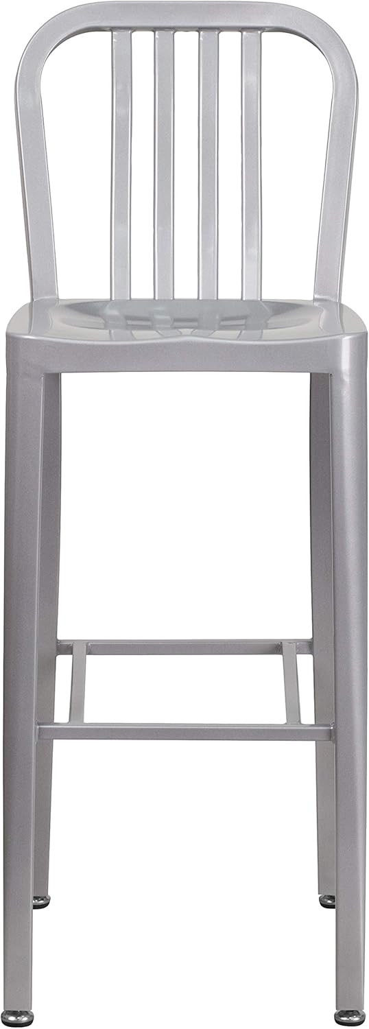 Flash Furniture Gael 30" Commercial Metal Barstools with Footrest, Vertical Slat Back Bar Height Stools for Restaurants and Kitchens, Set of 2, Silver
