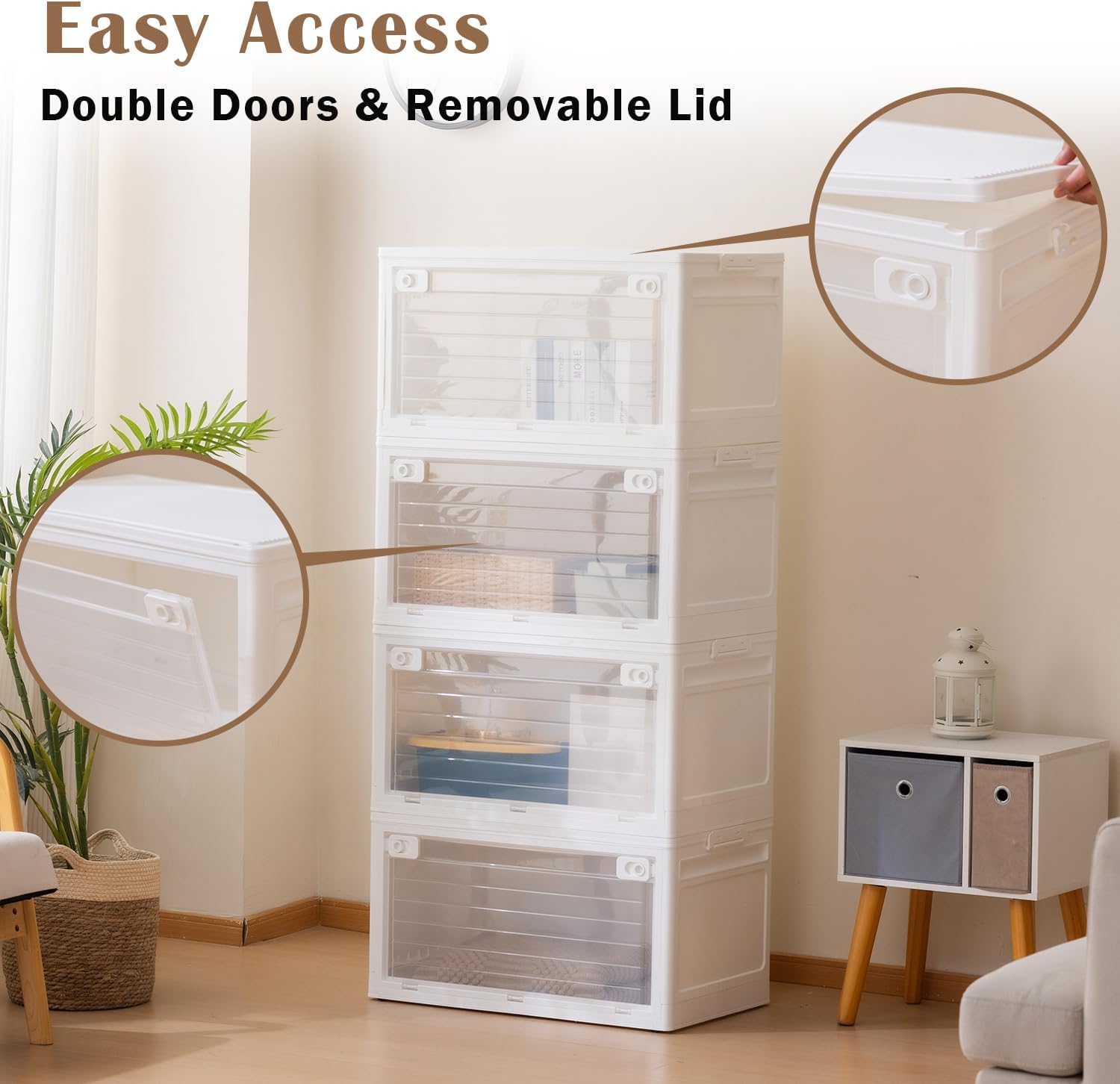 101QT Plastic Stackable Storage Bins, 4 Pack Collapsible Plastic Storage Bins with Lid, Doors & Wheels, for Closet Bedroom, White