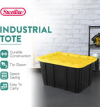 Sterilite 4-Pack 27 Gallon Industrial Storage Tote, Heavy-Duty Plastic Bins, Black/Yellow - Stackable Utility Organizers with Lids for Garage, Camping Tools, and Outdoor Gear