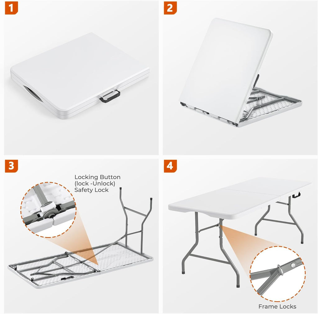 Folding Table 6FT 350 LBS Heavy Duty Foldable Table with 18% Thicker HDPE Waterproof Top, Portable Fold in Half with Handle, Reinforced Steel Frame for Indoor Outdoor Party Events