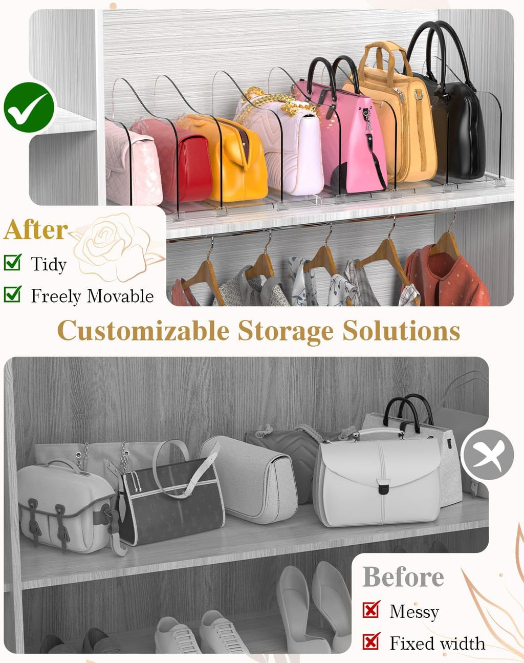 SURETIVIAN Rose Purse Dividers for Closet, 2 Pack Clear Clutch Purse Closet Organizers, Adjustable Handbag Storage Organizers, Plastic Bookshelf Separator Dividers for Bedroom Office