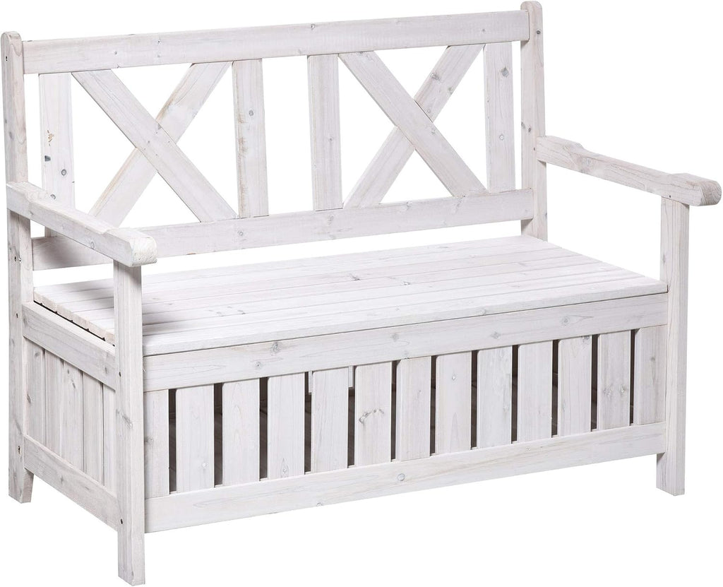 Patio Wooden Bench with Storage Box, 29 Gallon Outdoor Storage Bench, Large Entryway Deck Box w, Unique X Shape Back, for Deck, Porch Balcony, White