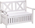 Patio Wooden Bench with Storage Box, 29 Gallon Outdoor Storage Bench, Large Entryway Deck Box w, Unique X Shape Back, for Deck, Porch Balcony, White