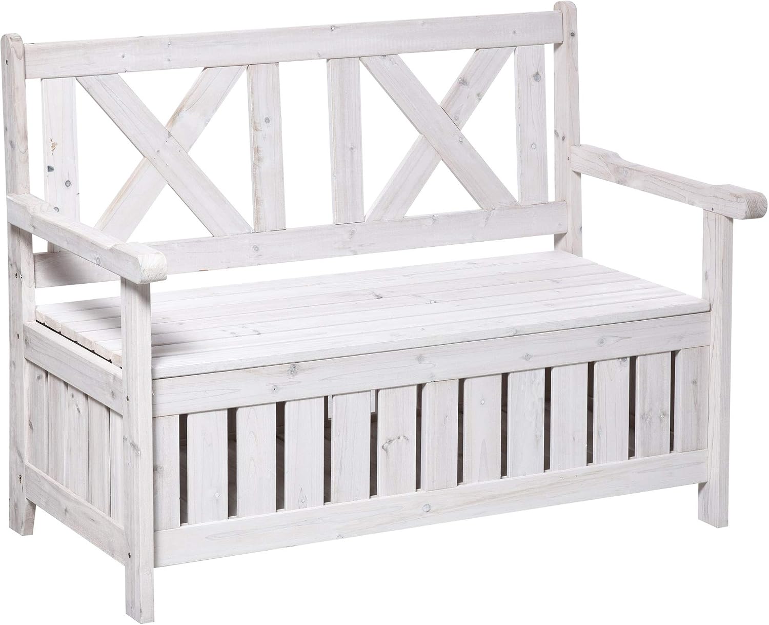 Patio Wooden Bench with Storage Box, 29 Gallon Outdoor Storage Bench, Large Entryway Deck Box w, Unique X Shape Back, for Deck, Porch Balcony, White