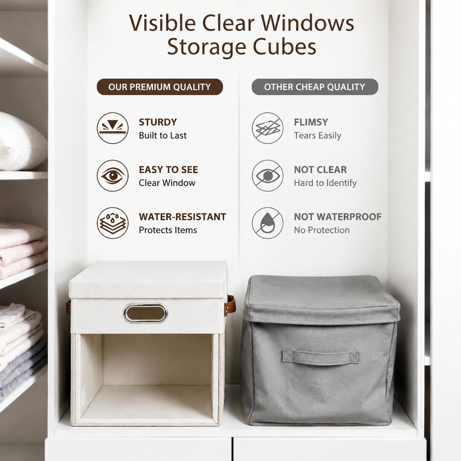 Ultra Thick Fabric Storage Cubes with Lids & Windows, 11-Inch Foldable Closet Storage Bins with 3 Handles, Home Decorative Boxes for Bedroom, Living Room, Dorm, Office (Beige & White)