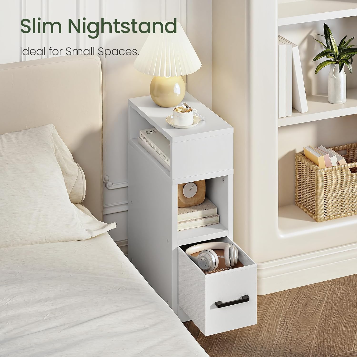 CHOEZON Farmhouse End Table and Narrow Side Table for Small Spaces Bundle, Slim Nightstand with Charging Station, Skinny Nightstand with Drawer, Bedside Table for Bedroom, Living Room TBZ08UWL-MBZ11WB