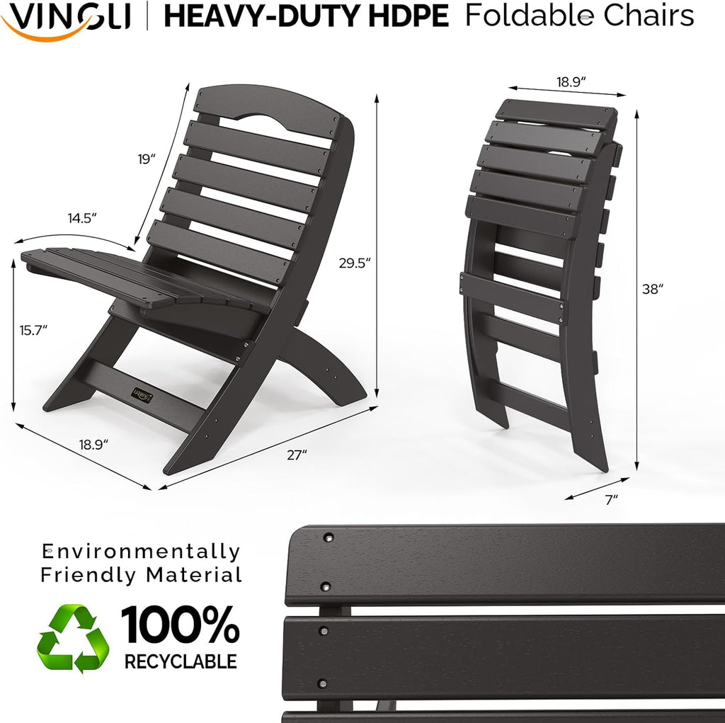 VINGLI Portable Adirondack Chairs, Folding Plastic Adirondack Chair for All Weathers, Outdoor Fire Pit Chairs for Patio Poolside Porch Beach, Capacity 350 LBS, Black