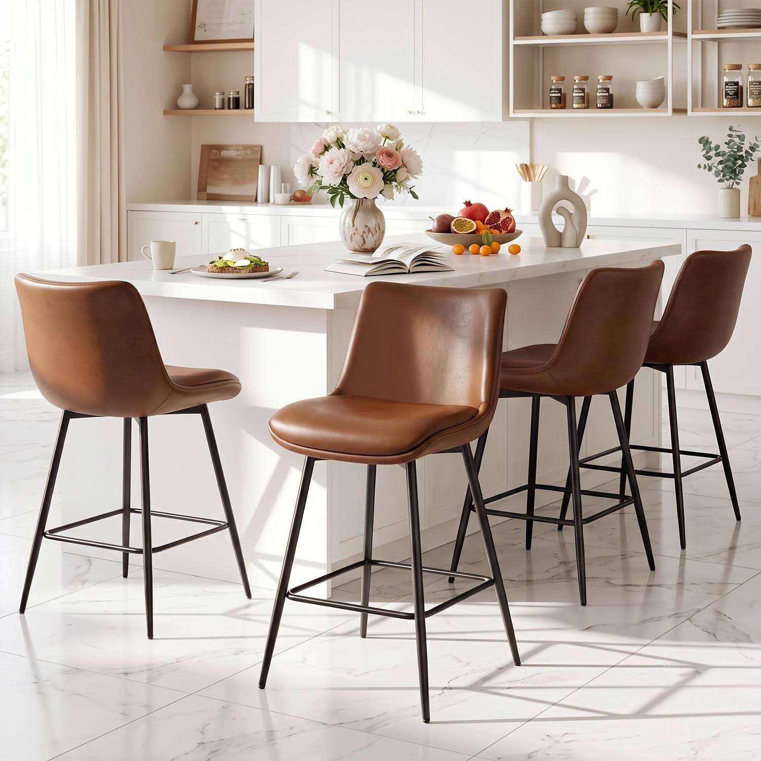 Counter Height Bar Stools Set of 3, FSC Certified Upholstered Faux Leather Barstools with Back, Metal Base, 27" Seat Height, Modern Upholstered Counter Stools for Kitchen Island,(Walnut Brown