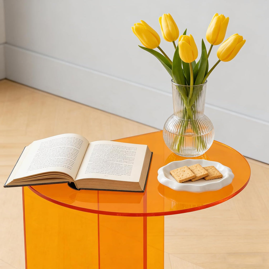 Acrylic Side Table, Modern Semicircle Clear End Table for Living Room Bedroom Small Coffee Table with Stable Base, Minimalist Nightstand for Small Spaces,Orange