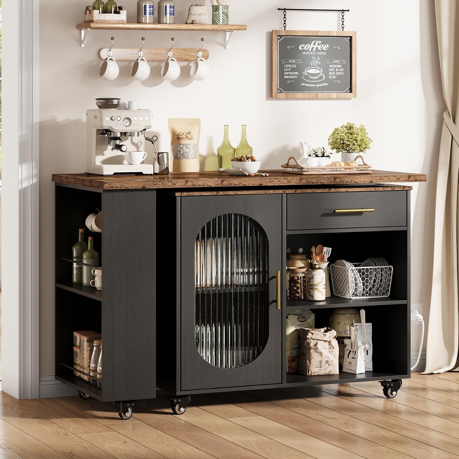 HSH 71” Rolling Kitchen Island with Storage Seating on Wheels, Rustic Brown | Mobile Island Cart With 360° Swivel Tabletop, With Power Outlet, Storage Cabinet, Open Adjustable Shelves Fit In Microwave