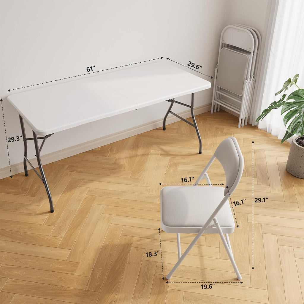 Folding Table and Chairs, 5ft Folding Table with Adjustable Height& PU Leather Padded Folding Chairs 4, Portable Table and Chairs Set for Indoor&Outdoor Party, Camping Use(White Table& White Chair)