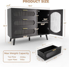 GarveeHome 39.4'' Modern Buffet Cabinet with Storage, Black Sideboard with Fluted Glass Door, 3 Drawers and Adjustable Shelf, Console Table for Kitchen, Dining Room, Living Room