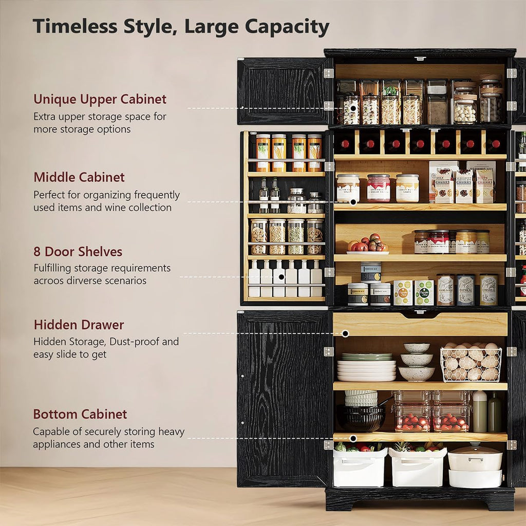 78.2" Tall Farmhouse Kitchen Pantry Cabinet with 8 Door Shelves & 4 Adjustable Shelves, Modern Storage Cabinet with Hidden Drawer & Wine Rack, Versatile Storage Cupboard for Kitchen (Black)