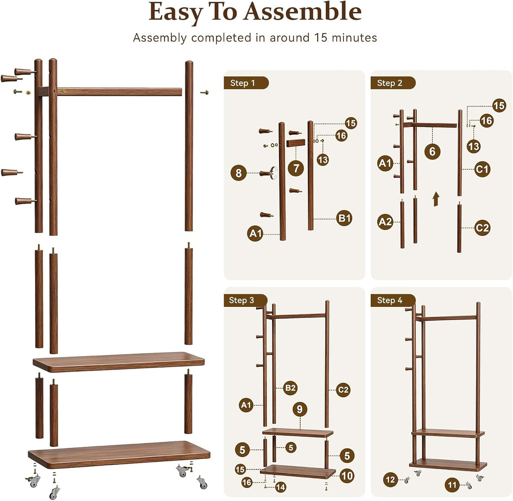 Taitiy Coat Rack Solid Wood Stand Storage 2 Shelves 4 Hooks Entryway | Hallway bedroom living room office, durable wood construction, freestanding design, coats hats bags storage