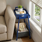 Small End Table with Fabric Storage Basket, 2-Tier Modern Metal Side Table with Tray Top, Unique Side Tables, Cute Coffee Table for Living Room, Bedroom, and Small Spaces, Navy Blue