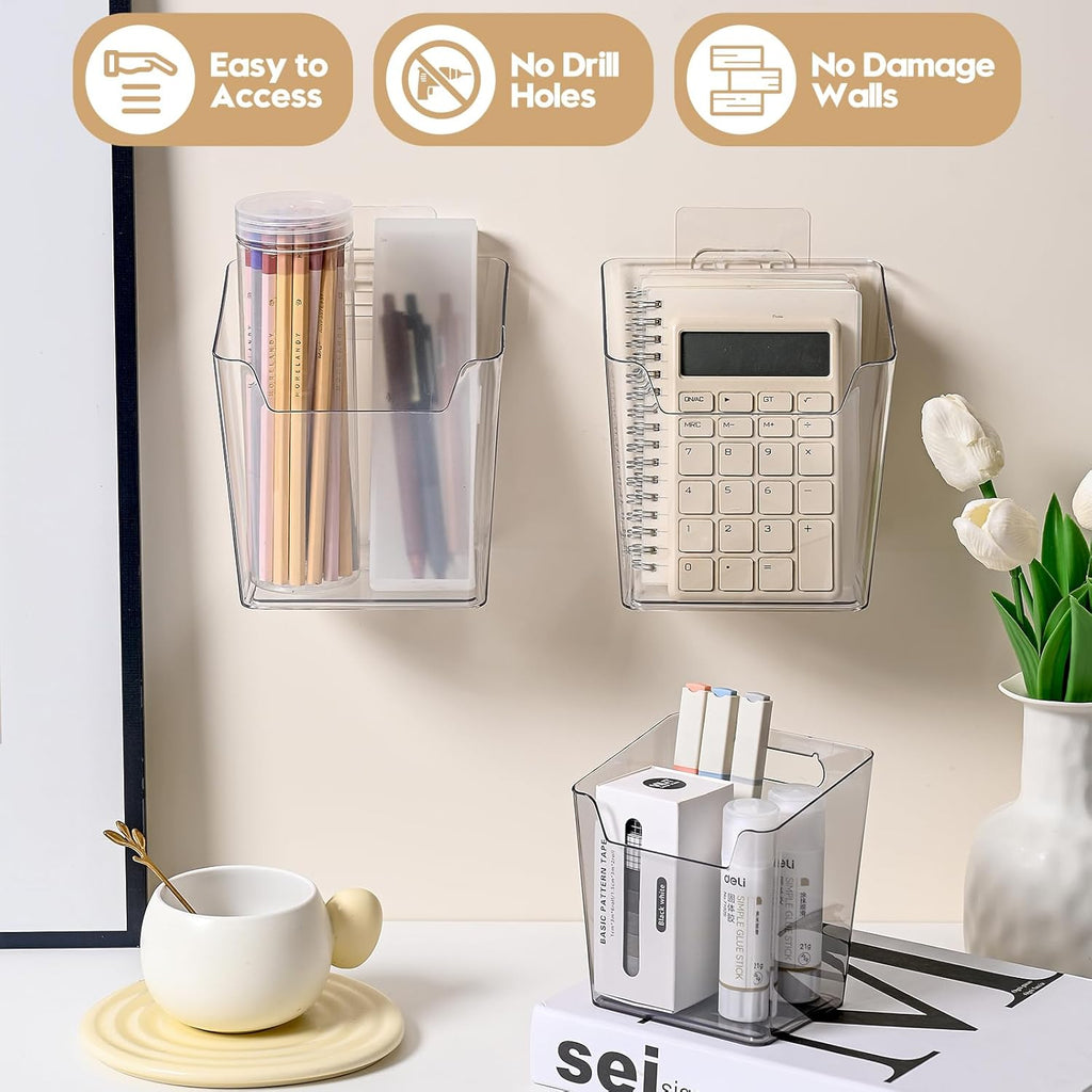 Clear Cabinet Door Organizer Bathroom, 4 Pack Hanging Makeup Storage Brush Holder, Adhesive Storage Bin Versatile Vertical Wall Mount Caddy for Pantry Office Kids' Room Small Items Organization
