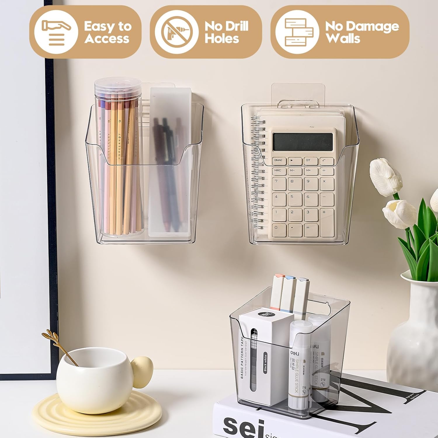 Clear Cabinet Door Organizer Bathroom, 4 Pack Hanging Makeup Storage Brush Holder, Adhesive Storage Bin Versatile Vertical Wall Mount Caddy for Pantry Office Kids' Room Small Items Organization