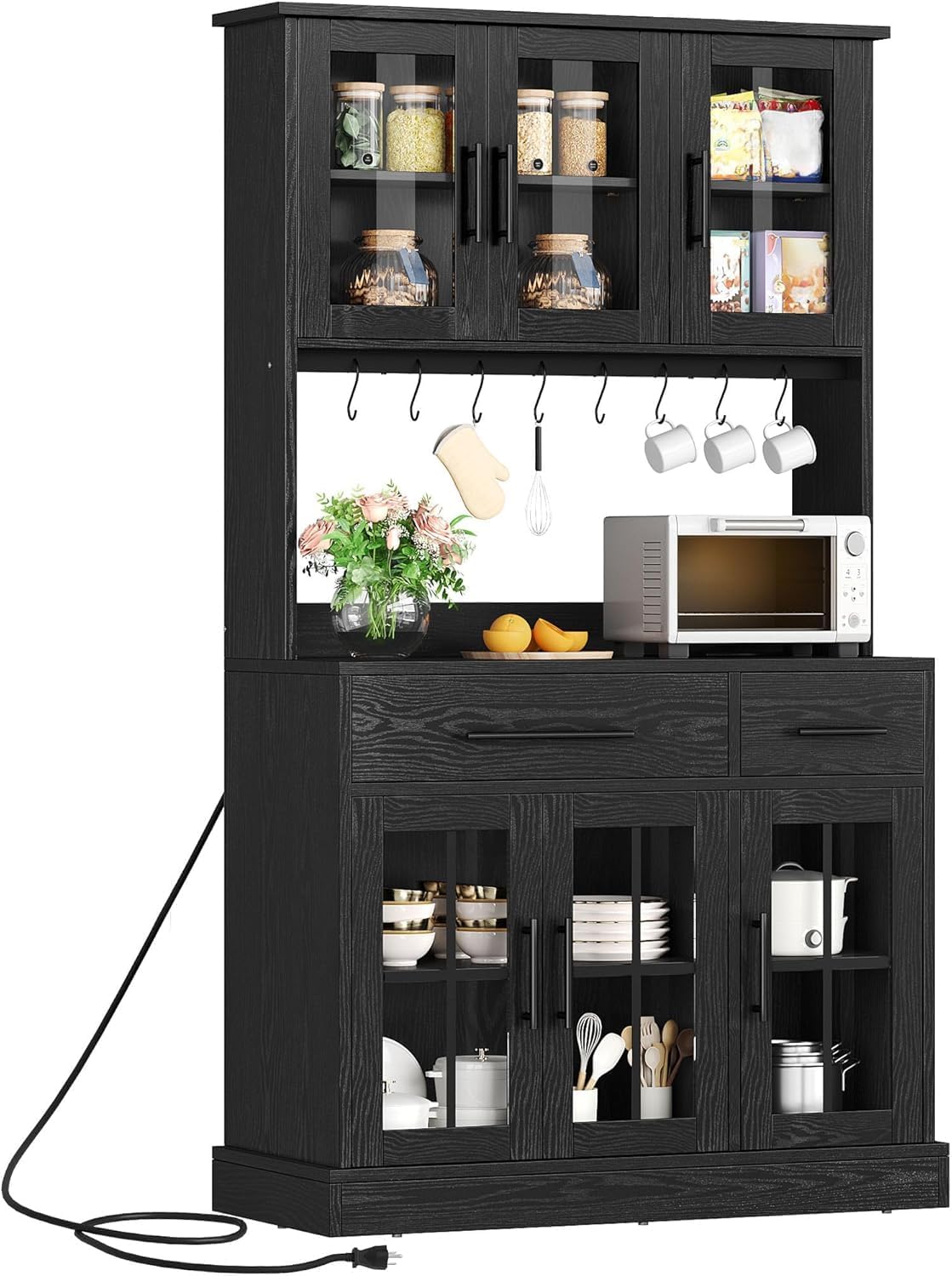YITAHOME 2-Pack Kitchen Pantry Storage Cabinet Set, 71'' Kitchen Hutch with Outlet & Glass Door & Drawer & Shelves & Hook, Freestanding Microwave Stand Coffee Bar for Home Dining Living Room, Black