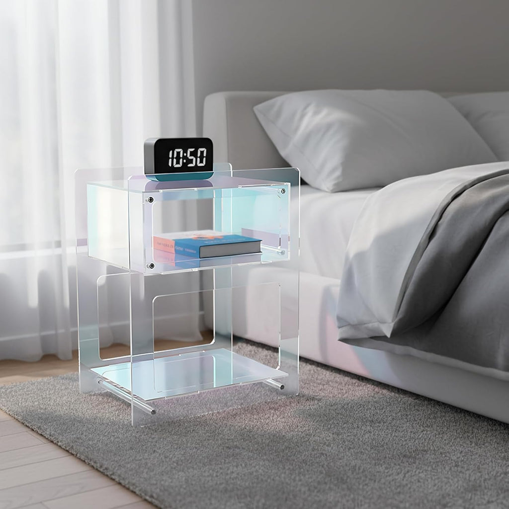 Acrylic Side Table Cabinet, End Table Record Player Table with Storage Shelf, Clear Side Table Nightstand for Living Rooms Bedrooms Offices, Etc (Colorful)
