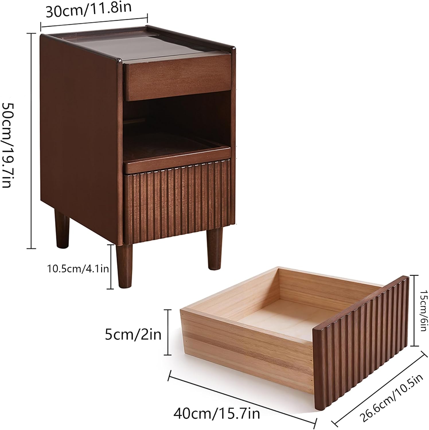 Solid Wood End Table with Glass Top and Drawers, Narrow Nightstand with Pull-Out Tray, Unique Bedside Table, Small Side Table with Storage for Bedroom, Living Room, Walnut