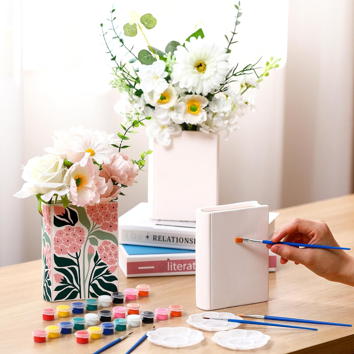 Honeydak 3 Set 5.9 Inch Book Shaped Vase Ready to Paint Your Own Ceramic Book Flowers Vase Ceramics to Paint DIY Unpainted Paintable Kit Crafts with Acrylic Brush Palette for Adults