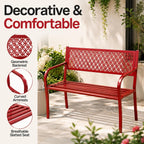 Heavy Duty Red Metal Patio Garden Bench for 2 – 50" Wide, 790 lbs Capacity – Weather Resistant – Geometric Backrest & Slatted Seat – Porch, Yard, Deck, Entryway – Red