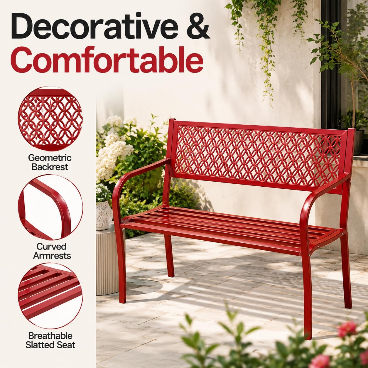 Heavy Duty Red Metal Patio Garden Bench for 2 – 50" Wide, 790 lbs Capacity – Weather Resistant – Geometric Backrest & Slatted Seat – Porch, Yard, Deck, Entryway – Red