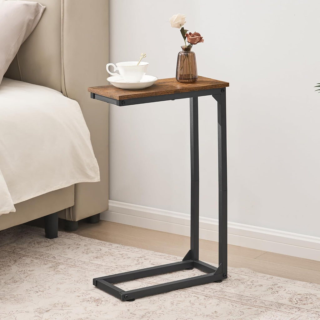DALEMHOME C Shaped End Table, Couch Table That Slide Under, Small Side Table for Couch, Sofa and Bed, TV Trays Set of 2 for Small Space, Living Room, Bedroom, Bedside, Rustic Brown HKET1003-2BR