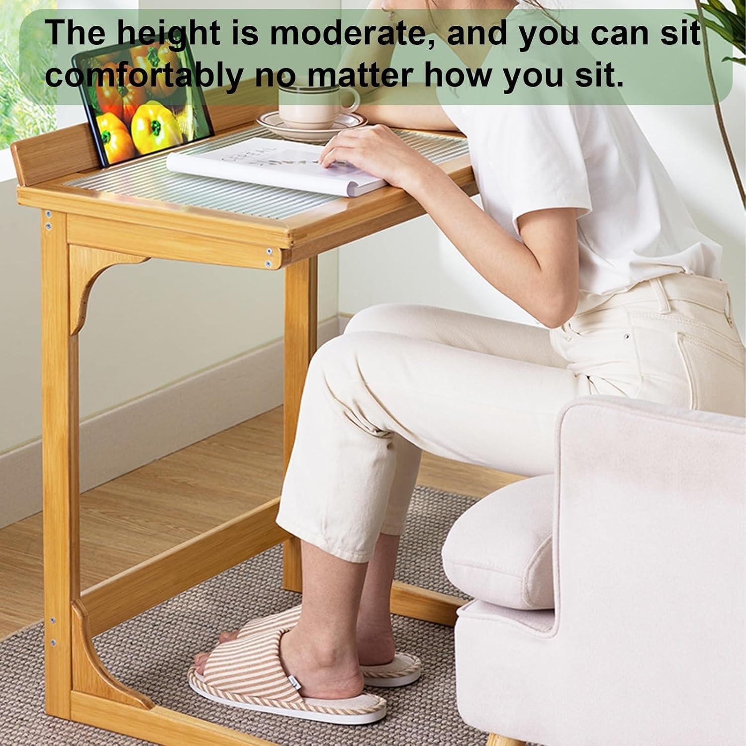 C Shaped End Table with Glass Top, Bamboo Sofa Side Table, Laptop Desk, Snack Table for Living Room and Balcony