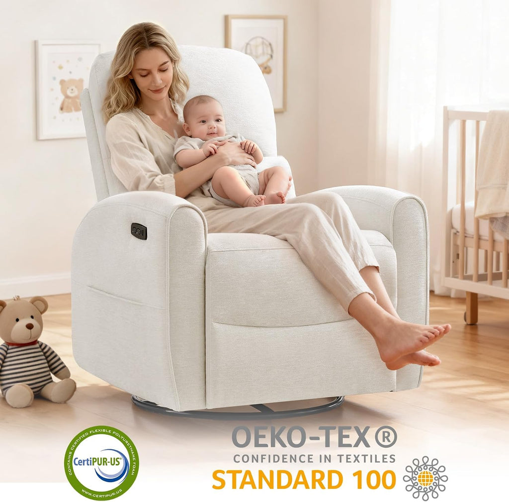 Power Swivel Rocker Recliner, Swivel Glider Nursery Electric Recliner Chair with Lumbar Support, Upholstered Rocking Recling Chairs for Adults Nursery, Living Room, Bedroom, Chenille White