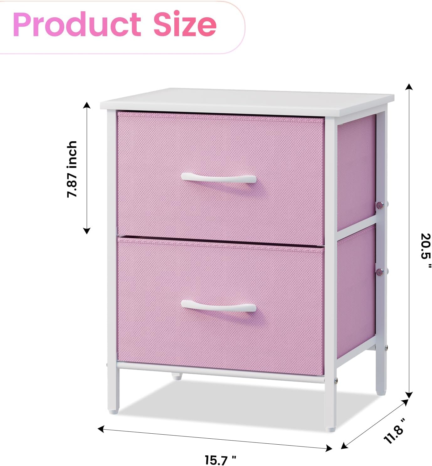 Stero Nightstand Set of 2, Kids Dresser with 2 Drawers, Steel Frame Bedside Furniture, Wood Top Fabric Night Stand, Colorful End Table for Home, Bedroom, Office, Pink