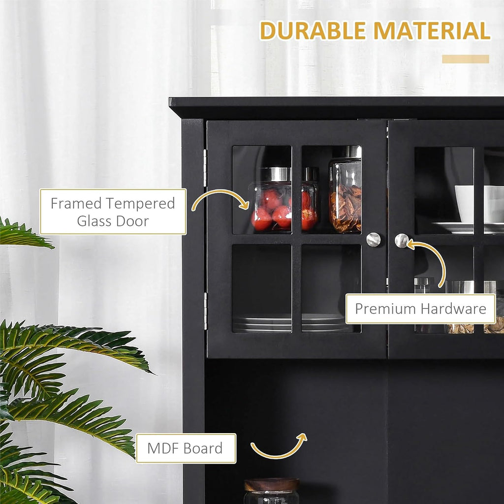 Kitchen Pantry Storage Cabinet with Framed Glass Door Drawer and Microwave Space, Black,for Kitchen