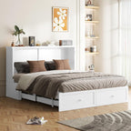 BALUS 63.3“W Murphy Bed Queen, Cabinet Bed with USB Ports & Large Storage Drawer, Wooden Murphy Cabinet Beds, Queen Wall Bed for Living Room/Bedroom -White