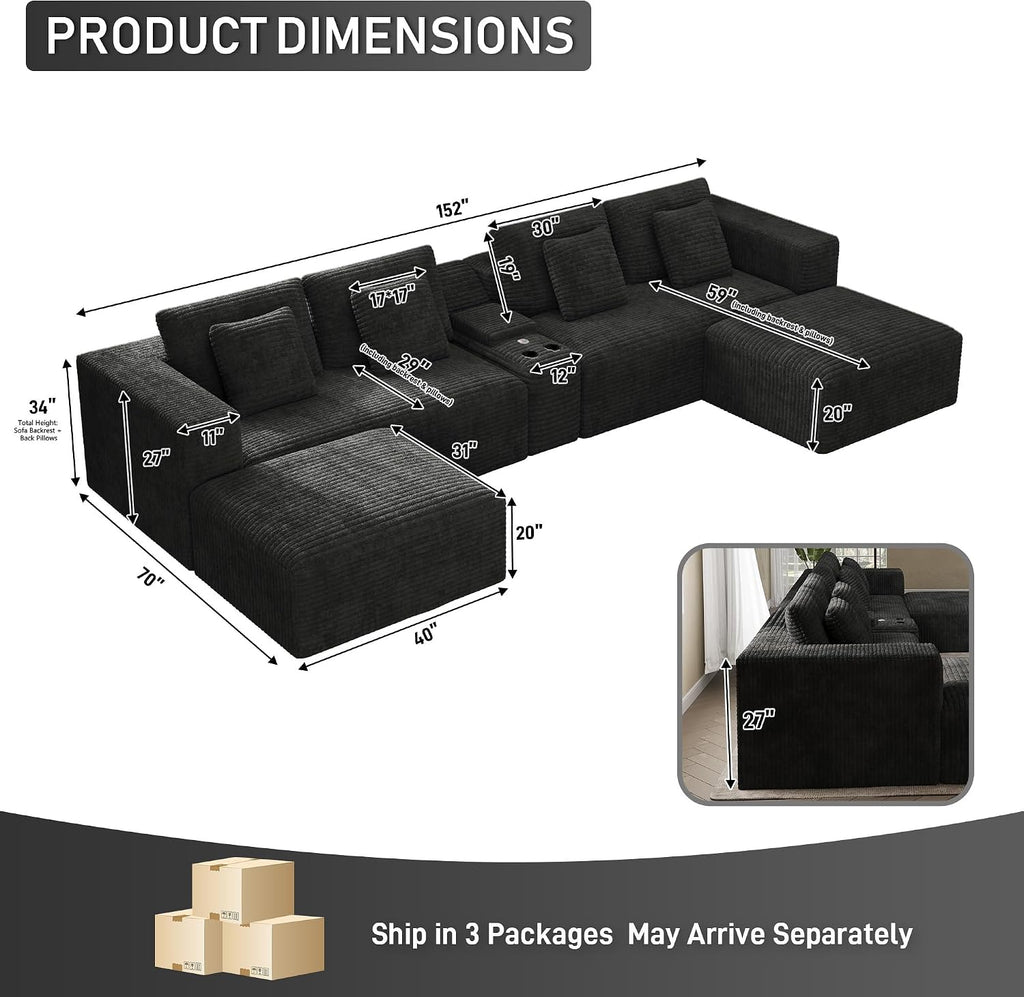 151" U Shaped Cloud Sectional Couch Modular Sofa, Comfy Oversized Boneless Couches for Living Room, Plush Corduroy Sectional Sofa Set with Ottoman Storage Console USB, Olive Dark Gray