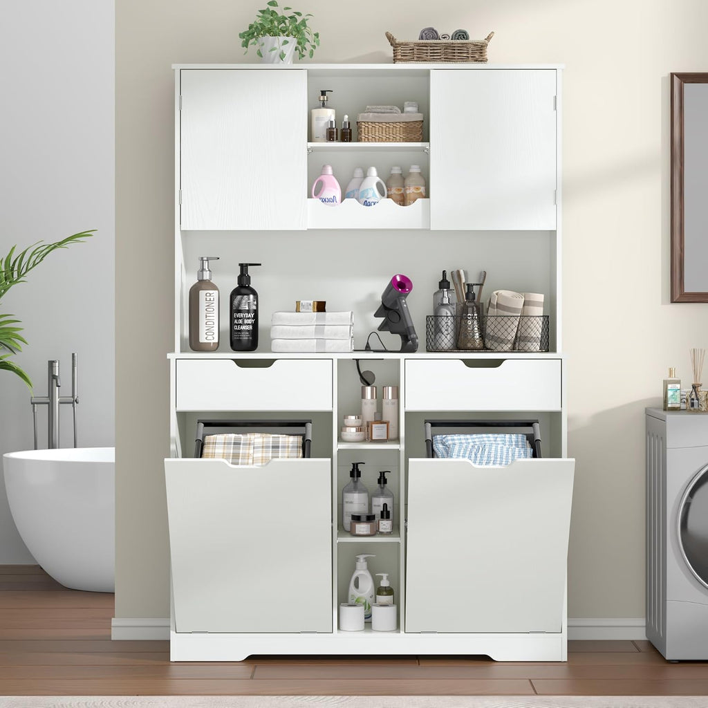 71"H Kitchen Pantry Storage Cabinet with Power Outlets and Two Drawers,10X2 Gallon Kitchen Hidden Double Tilt Out Trash Can Cabinet with Trash Bin Storage Holders,Laundry Hamper Cabinets(White)