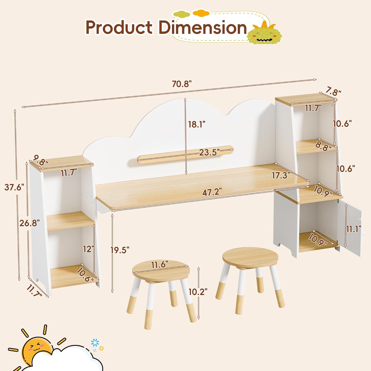Betterhood Kids Study Desk and Chair Set with Storage, Student Study Desk, Children Study Table and Chair Set, Kids Study Desk with Bookshelves and 2 Stools, Ages 3-8, Boys, Girls, Toddler, Bedroom