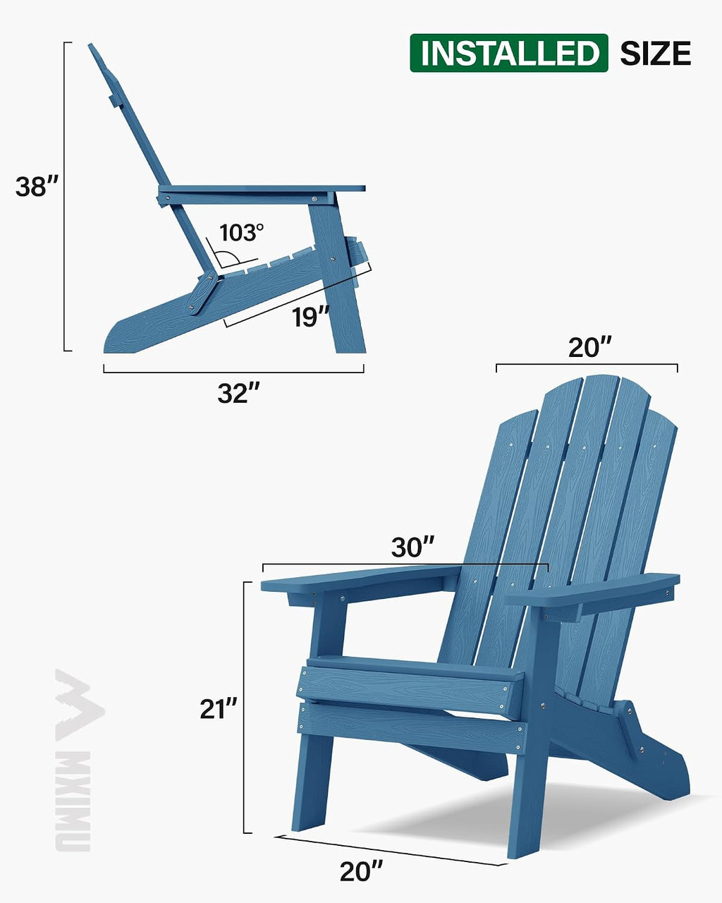 MXIMU Folding Adirondack Chair for Outdoor: Easy to Assemble and Comfortable Adirondack Chairs Set of 2 - All Weather Composite Plastic Chair for Outside Fire Pit Patio Lawn Garden Backyard Use(Navy)