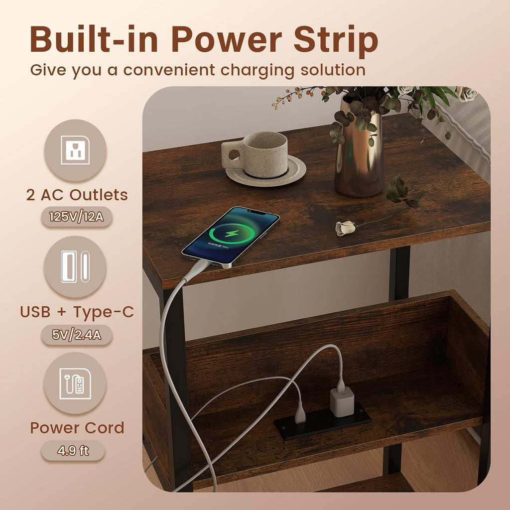 Giantex Side Table with Charging Station - Industrial 3-Tier Bedside Table w/Open Storage Shelves, Sofa End Tables Night Stands for Small Spaces Living Room Bedroom Home Office, Rustic Brown (1)