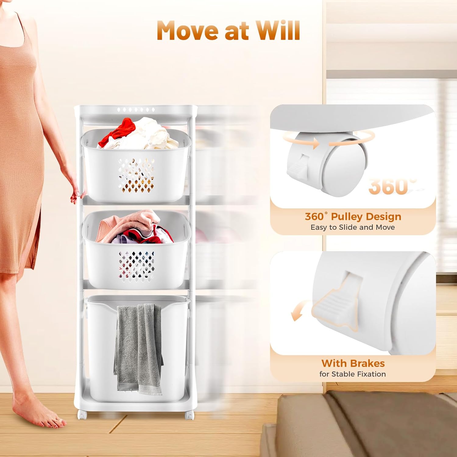 3-Tier Rolling Laundry Basket Organizer Sorter with Wheels, Vertical Removable Dirty Clothes Laundry Hamper Cart for Laundry Room Organization Dorm, Closet, Bathroom