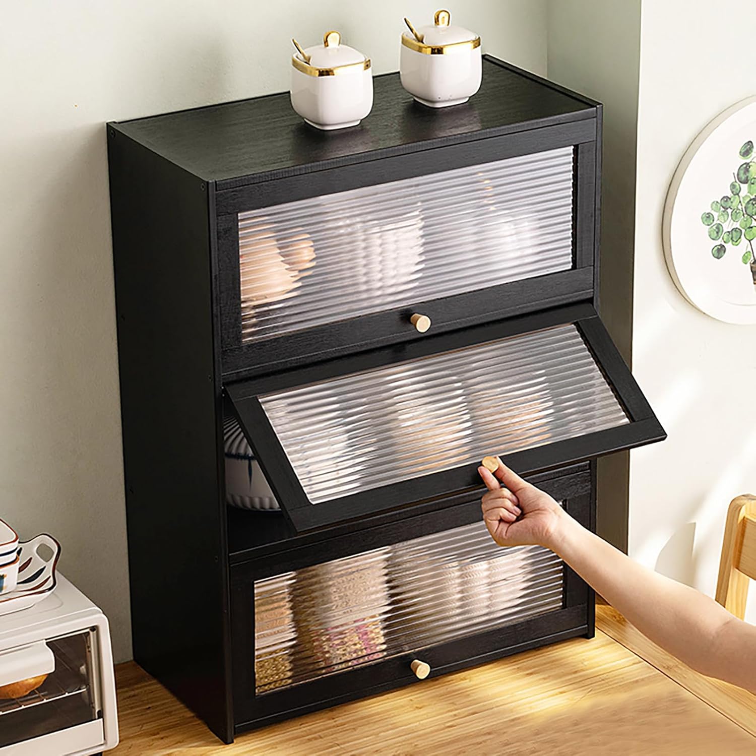 3 Tier Kitchen Pantry Storage Cabinet with with 2 Sliding Striped Glass Doors Console Dining Cupboard Modern Freestanding Bamboo Sideboard for Dining Room Kitchen Black (20.5x9.8x27.5inch)