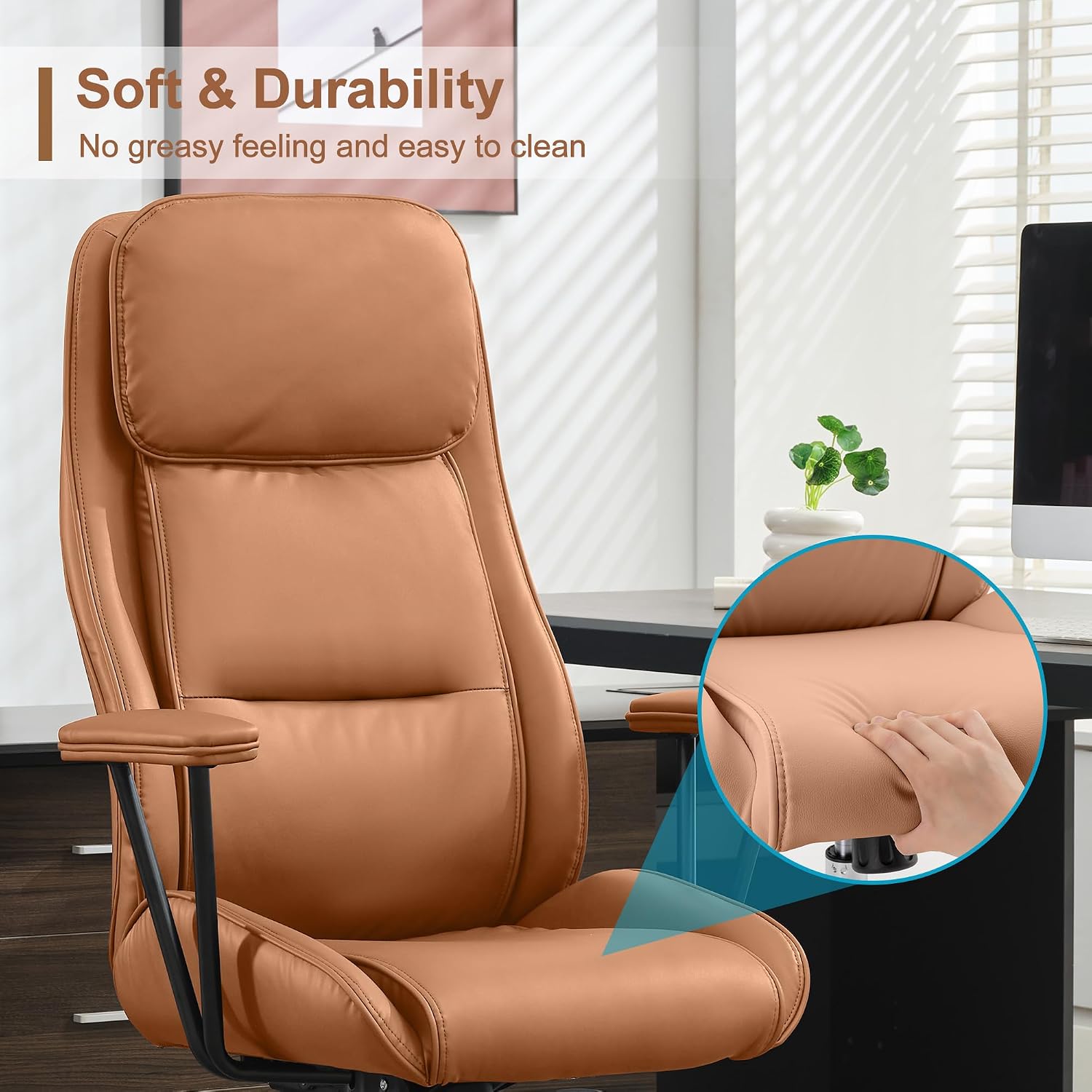 High Back Office Desk Chair,Ergonomic Reclining Office Chair,Modern Swivel Computer Chair,Conference Room Chairs,Brown Leather Chair with Lumbar Support,330lbs (Pure Brown)