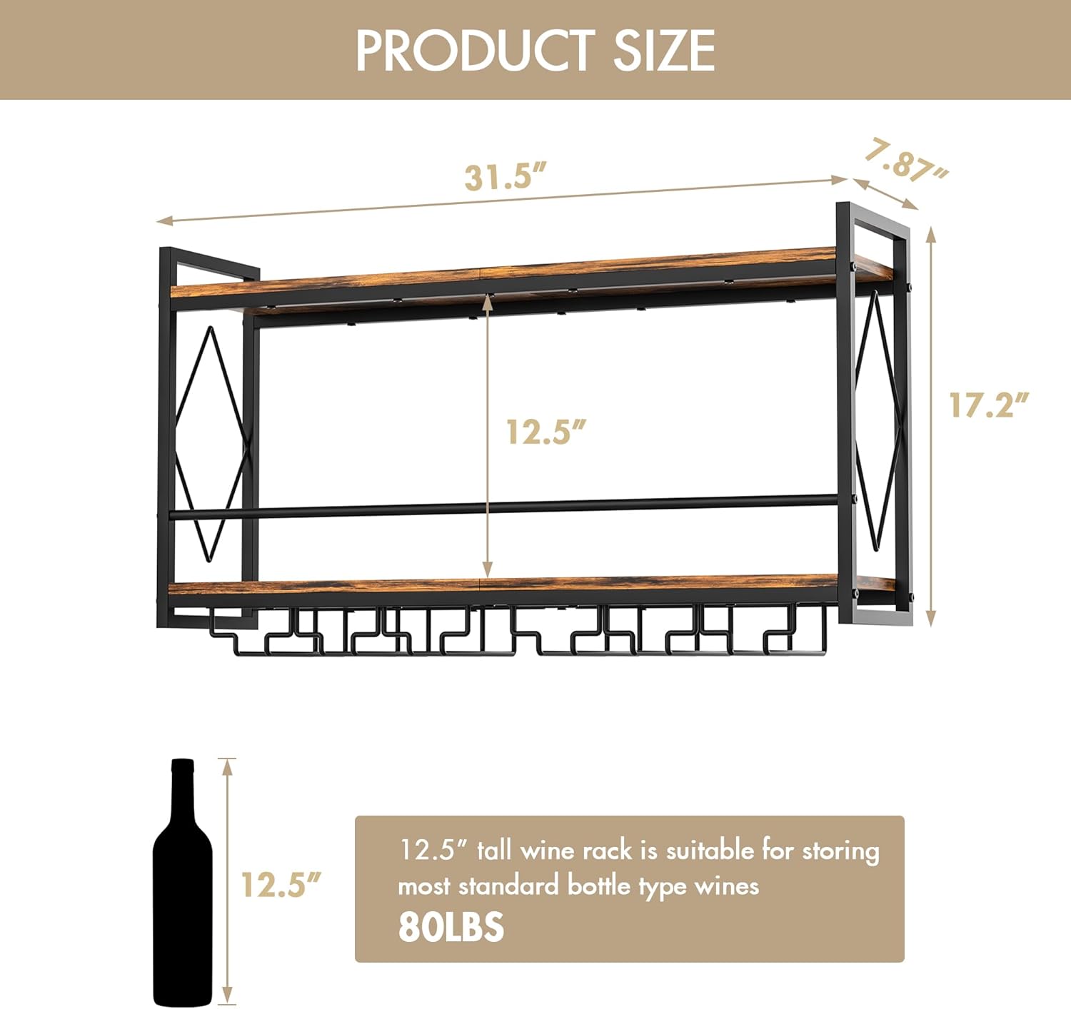 Wall Mounted Wine Rack with LED Light, 31.5" Bar Liquor Shelves with Glass Holder, Metal Hanging Bar Shelves Wine Storage Rack Display for Kitchen Home Bar Dining Room Living Room